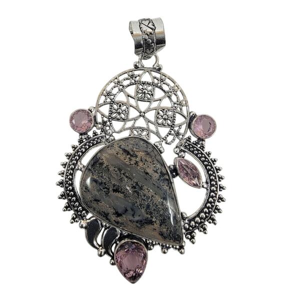 Handmade Silver Pendant with Dendritic Agate and Rose Quartz Accents - Picture 1 of 12